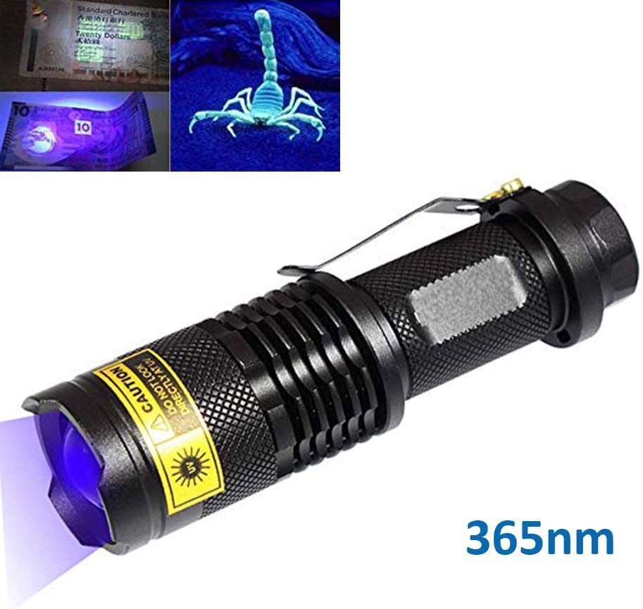 UV 365nm Flashlight Torch Ultraviolet Light 5W UV LED Zoomable Black