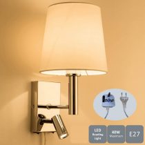 HARPER LIVING 1xE27/ES, Up Down Wall Adjustable LED Reading Light, UK/EU Plug and 2 On/Off Switches, Polished Chrome Finish, Cylinder Shape, Fabric Shade (White Shade)