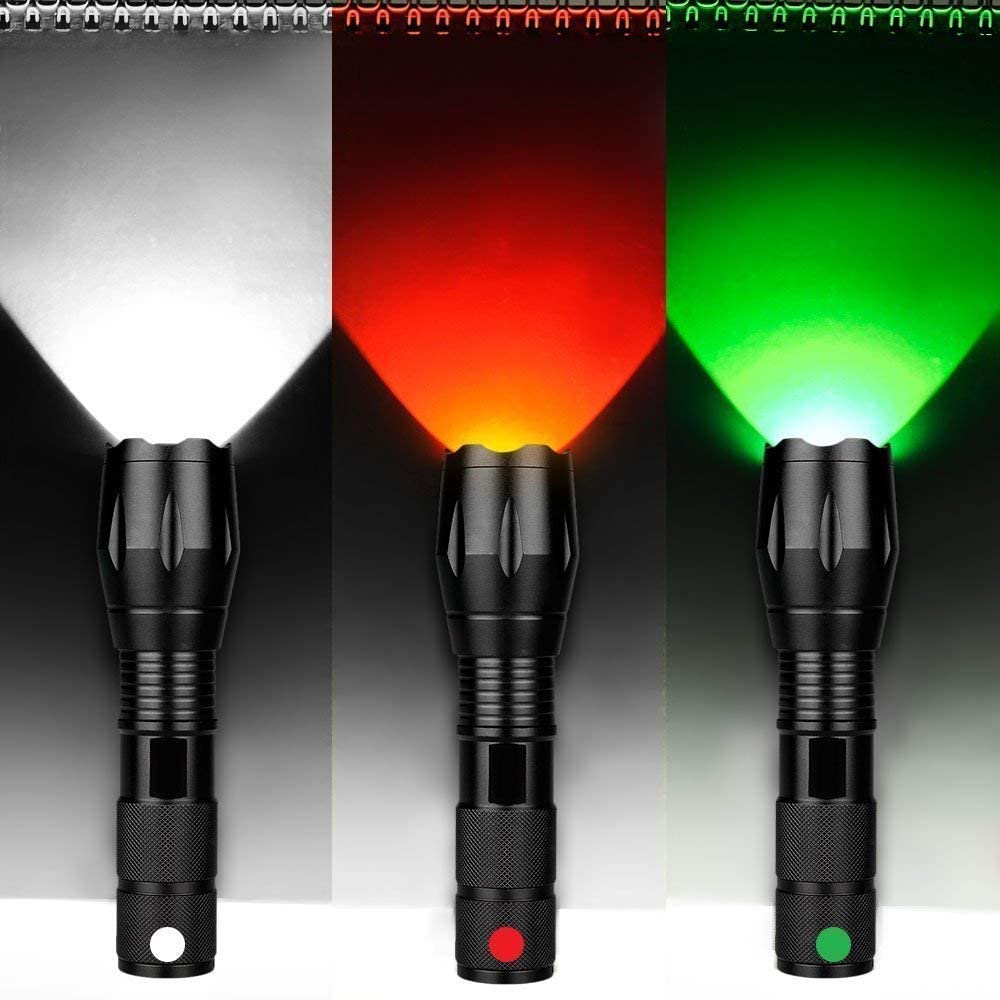 A100 Red Green Blue White Light Flashlight outdoor Hunting Tactical Zoom Torch 
