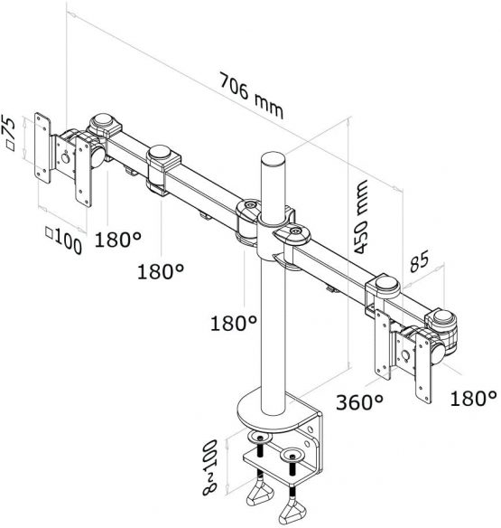 Newstar FPMA-D960D Full Motion Dual Desk Mount (clamp) for two 10-27" Monitor Screens, Height Adjustable - Black - Image 3