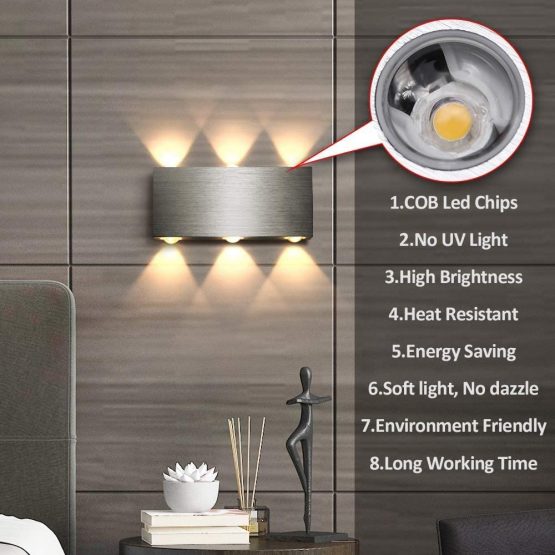 Lightess 6W Led Wall Light Indoor Living Room Up Down Wall Light Silver Brushed Aluminum Wall Light for Bedroom Restaurant Hotel Stair Corridor Hallway Wall Lighting Fixture - 3200k Warm White - Image 3