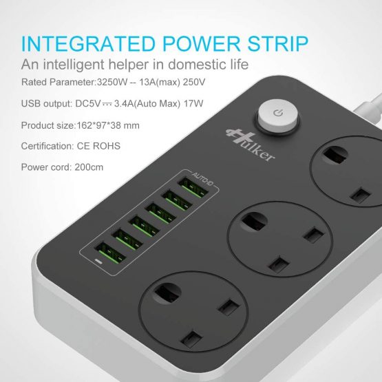 Hulker Power Strips with USB ports 3 Way Outlets 6 USB Ports Surge Protection Power Strip Power Socket with 2M Bold Extension cord Smart USB charger Power UK Socket - Image 4