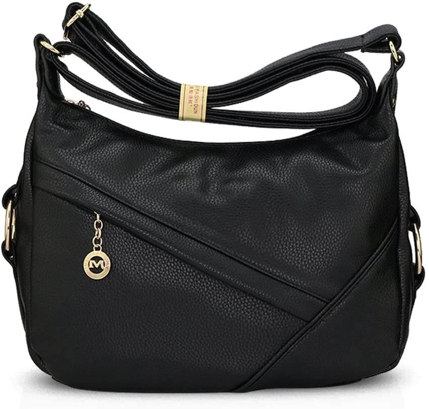 NICOLE&DORIS Women Crossbody Hobo Tote Satchel Travel Purse PU Leather Shoulder Bag, Black, L
