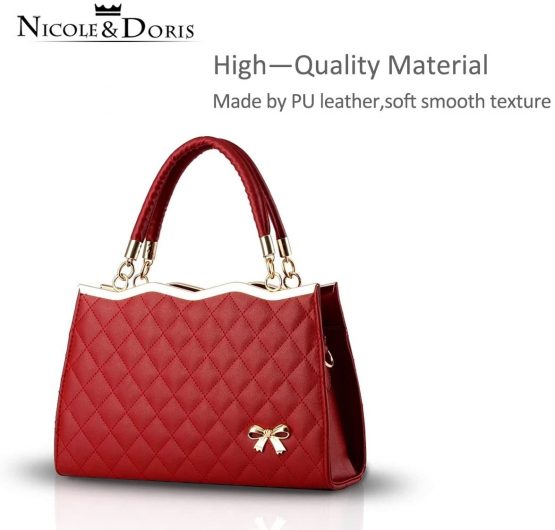 Nicole&Doris New Women/Ladies Handbag Shoulder Crossbody Bag Soft Surface PU Leather Diamond Lattice Wine red - Image 3