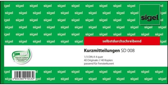 Sigel SD008 Kurzmitteilung 1/3 A4 Landscape First and Second Page Printed Carbonless Double 10 Items Pack of 10