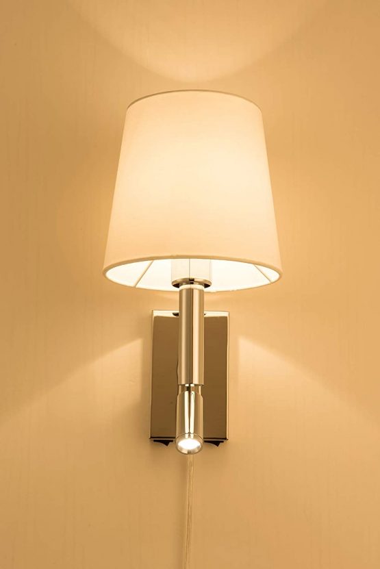 HARPER LIVING 1xE27/ES, Up Down Wall Adjustable LED Reading Light, UK/EU Plug and 2 On/Off Switches, Polished Chrome Finish, Cylinder Shape, Fabric Shade (White Shade) - Image 2