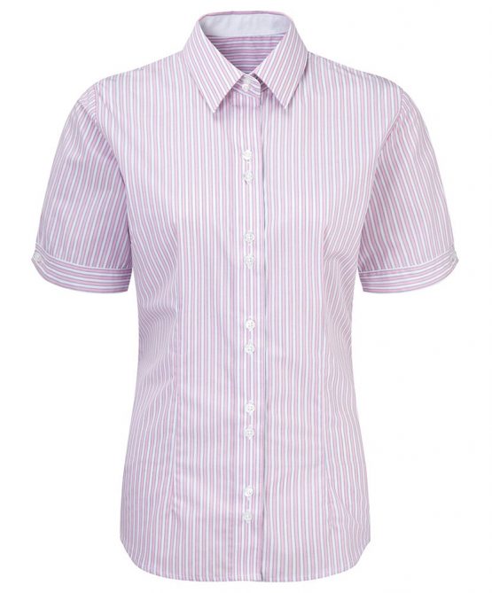 Alexandra STC-NF198PW-28 Women's Short Sleeve Stripe Shirt, 65% Polyester/35% Cotton, Size 28, Pink/White