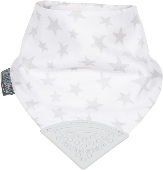 Baby Teething Dribble Bibs for Toddlers & Babies - Bandana Bibs with Silicone Teether for Boys & Girls – Sustainably Sourced Bamboo & Organic Cotton Bib - Neckerchew By Cheeky Chompers - Silver Stars