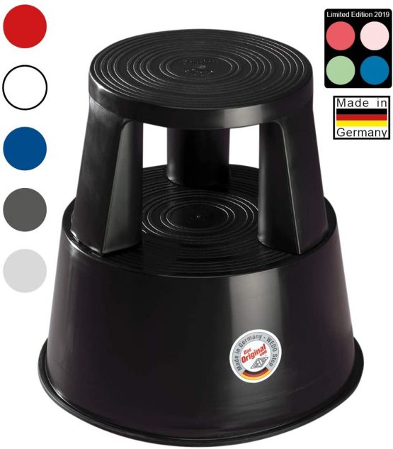 Wedo Plastic Kickstool, Black, Height: Loaded 42.5 cm, unloaded 43 cm Diameter of top 29 cm, of Bottom Side: 44 cm.
