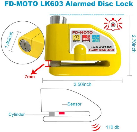 FD-MOTO 110dB Alarm Disc Brake Lock + Free Carry Pouch and 1.5M Reminder Cable Anti-Theft Motorcycle Motorbike Security Lock - Image 2