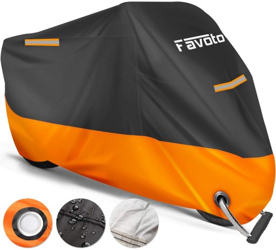 Favoto Improved Version Motorcycle Cover Waterproof Motorcycle Cover Outdoor Motorcycle Garage Scooter Cover Winter-proof with 2 Belt Buckles Black Camouflage XXL 245 cm x 105 cm x 125 cm
