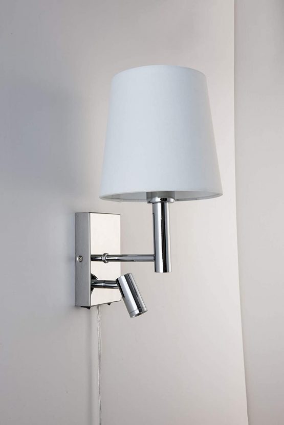 HARPER LIVING 1xE27/ES, Up Down Wall Adjustable LED Reading Light, UK/EU Plug and 2 On/Off Switches, Polished Chrome Finish, Cylinder Shape, Fabric Shade (White Shade) - Image 4