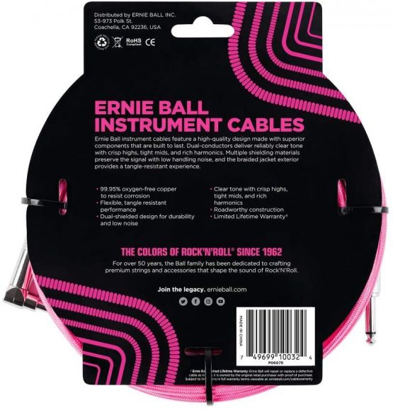 Ernie Ball 10 ft Braided Straight Angle Instrument Cable - Neon Pink - Image 2