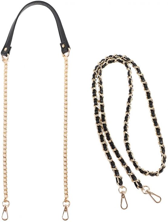 kilofly 2pc Gold Plated Faux Leather Removable Clutch Chain Shoulder Straps Set