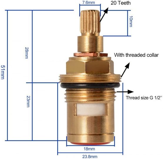 Replacement Brass Ceramic Stem Disc Cartridge Faucet Valve Quarter Turn 1/2" for Bathroom Kitchen Tap (1 Pair Hot & Cold) - Image 3