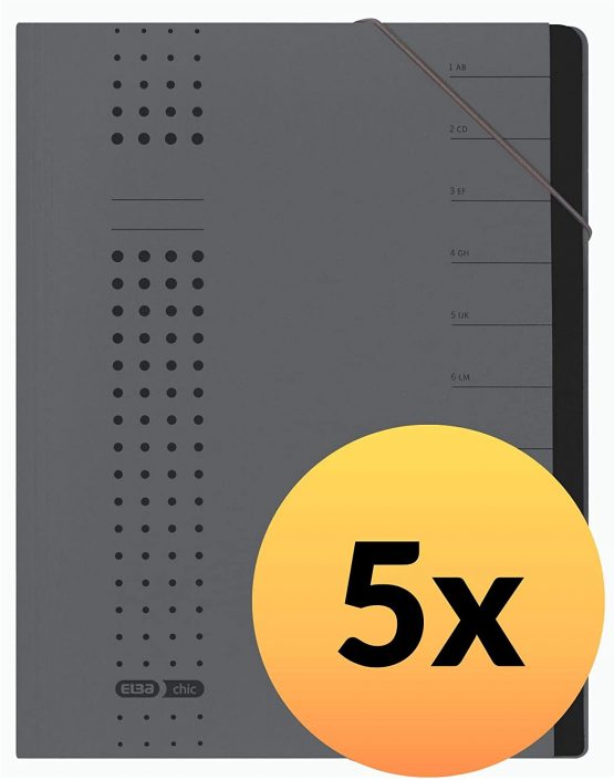 Elba Chic 42496AZ Folder Recycled Card 450 g/m² (Pack of 12 Compartments with Blank Tabs Pack of 5 Charcoal Folder File Chic A4 Charcoal