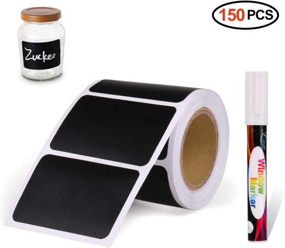 Chalkboard Labels, Joyoldelf 150Pcs Waterproof Reusable Blackboard Stickers Kit for Kitchen Organize with 1 White Chalk Pen, Removable Label Sticker to Decorate Your Pantry Storage Office (Rectangle)