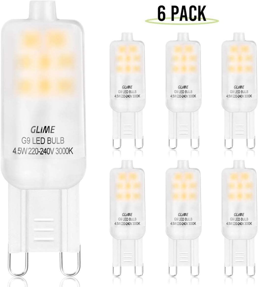 GLIME G9 LED Bulbs 6 Pack 4.5W Equivalent to 40W Halogen Bulbs No Flicker No Strobe 400LM 3000K Warm White 360° Beam Angle Non-dimmable AC 220-240V Energy Saving Light Bulbs