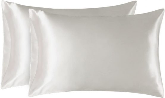Bedsure Satin Pillow Cases 2 Pack - Ivory White Pillowcase for Hair and Skin Standard Size with Envelope Closure, 50 x 75 cm