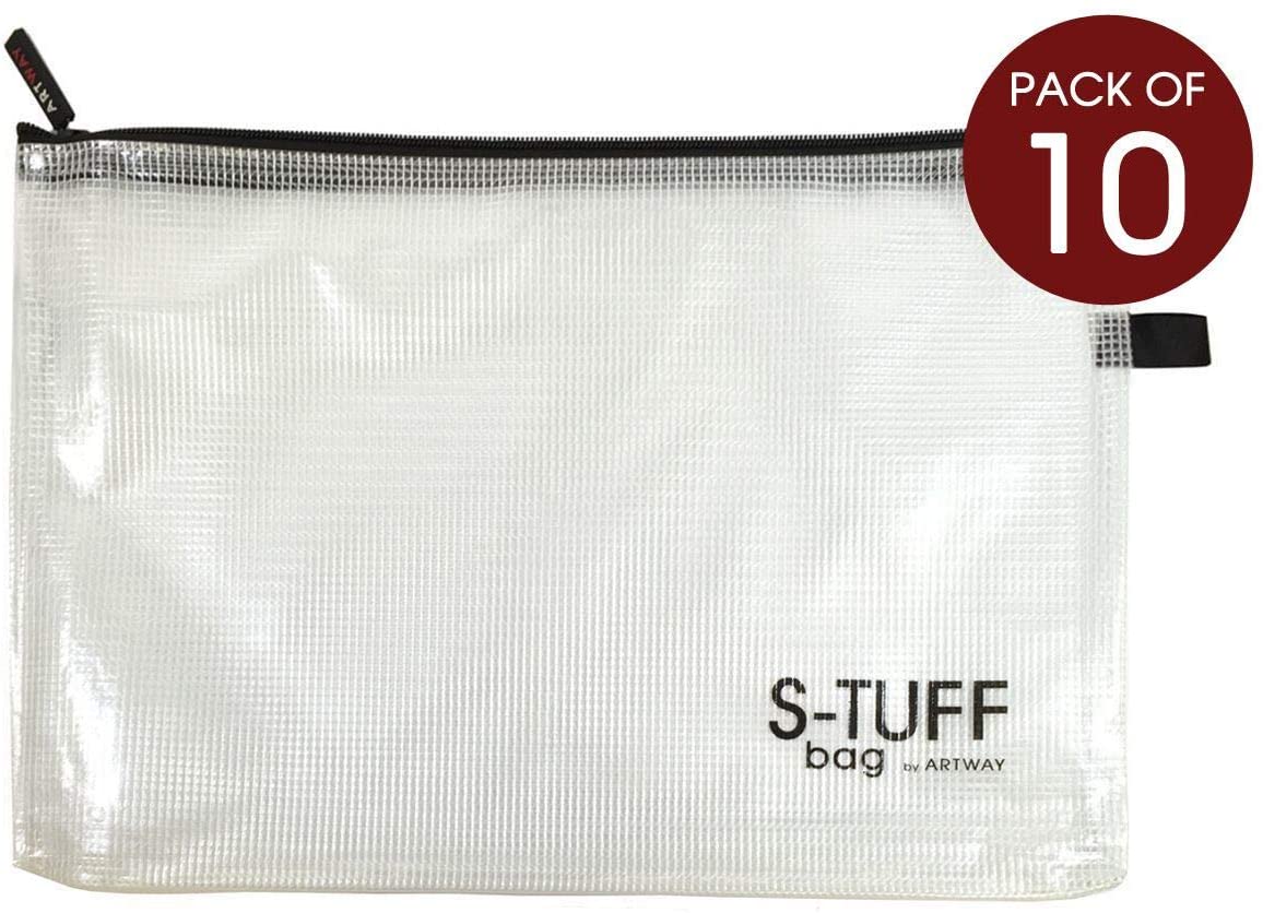 Artway Oversized A4 S-Tuff Bag - 38cm x 28cm - Pack of 10 Strong Zip Mesh Art Storage Bags, white, Blue, Oversized A4 (38 X 28 cm)
