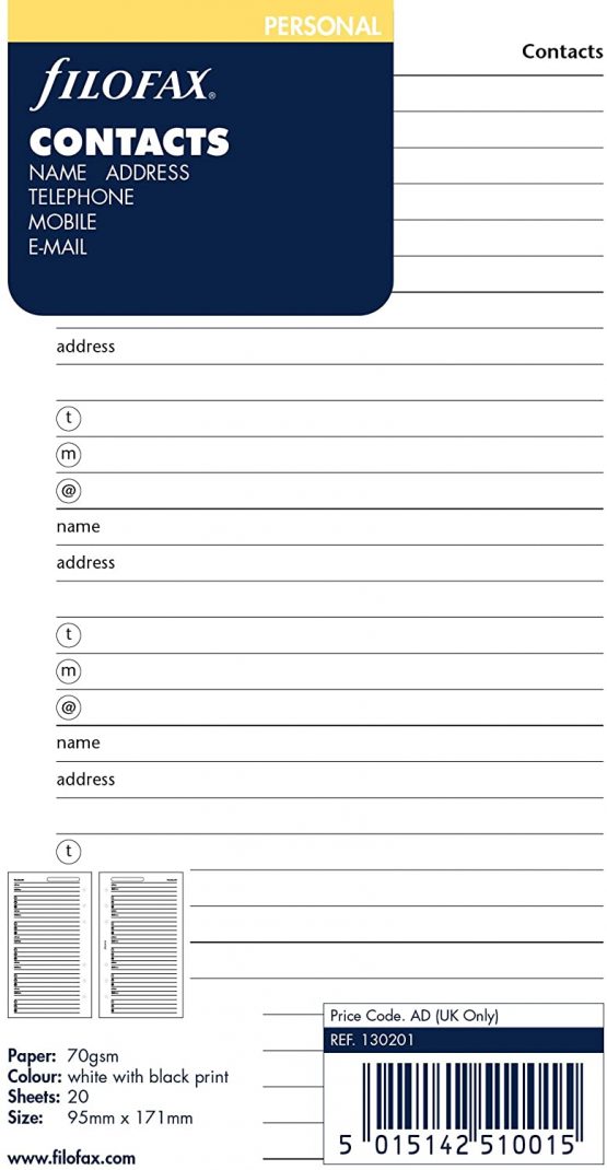 Filofax Personal Contacts Name/ Address/ Email/ Telephone/ Fax/ Mobile, White