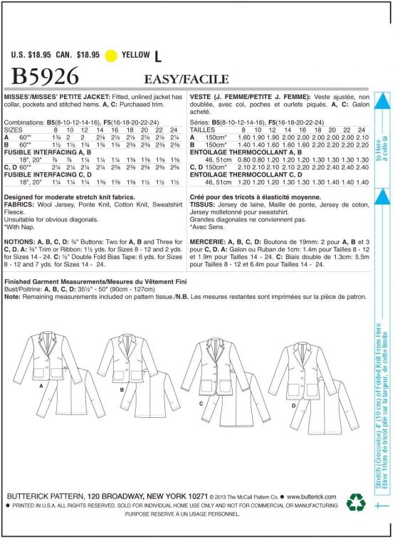 Butterick Patterns B5926 Size B5 8 - 10 - 12 - 14 - 16 Misses' Petite Jacket, White - Image 3