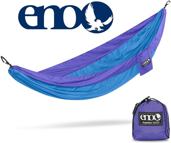 ENO Singlenest Hammock Purple Teal Soft Breathable Fabric 70 Denier High Tenacity Nylon Taffeta Heavy Duty Triple Stitched Fast Dry Compression Stuffsack Aluminium Wiregate Carabiners Weight 454 g