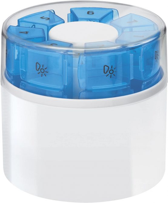 First Aid Only 7 Day Drug Dispenser with Tablet Divider and Pill Mortar, 7 Cassettes with 4 Printed Compartments, White/Blue, Plastic, P-100001 Units