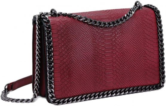 CRAZYCHIC Women's Chains Crossbody Bag Snakeskin Python PU Leather Shoulder Handbag Quilted Clutch Evening Messenger Bag Pochette Purse Party Elegant Bags Burgundy Red