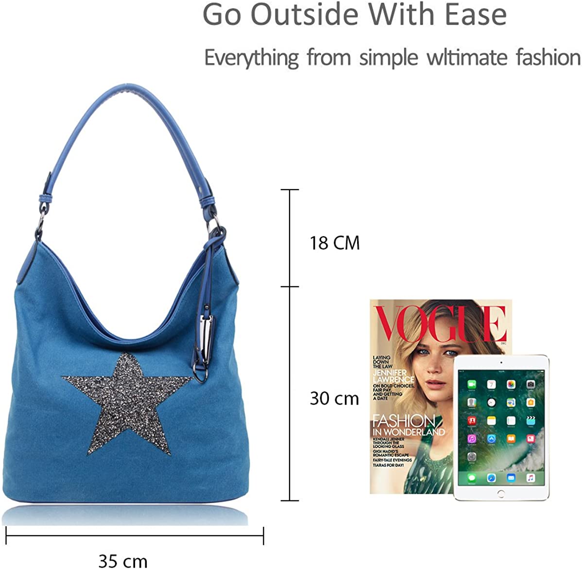 RedFox Sparking Rhinestone Embellished Star Canvas Shoulder Bag/Tote Shopper Large Size 35x30x14 cm, Red Dark Star - Image 4