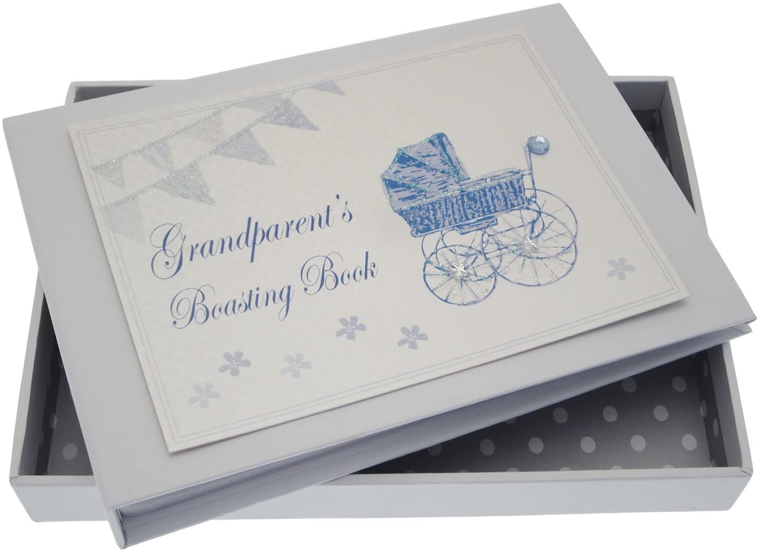 White Cotton Cards Grandparent's Boasting Book Tiny Album (Blue Pram and Bunting), 12.5x17.5x2.5 cm