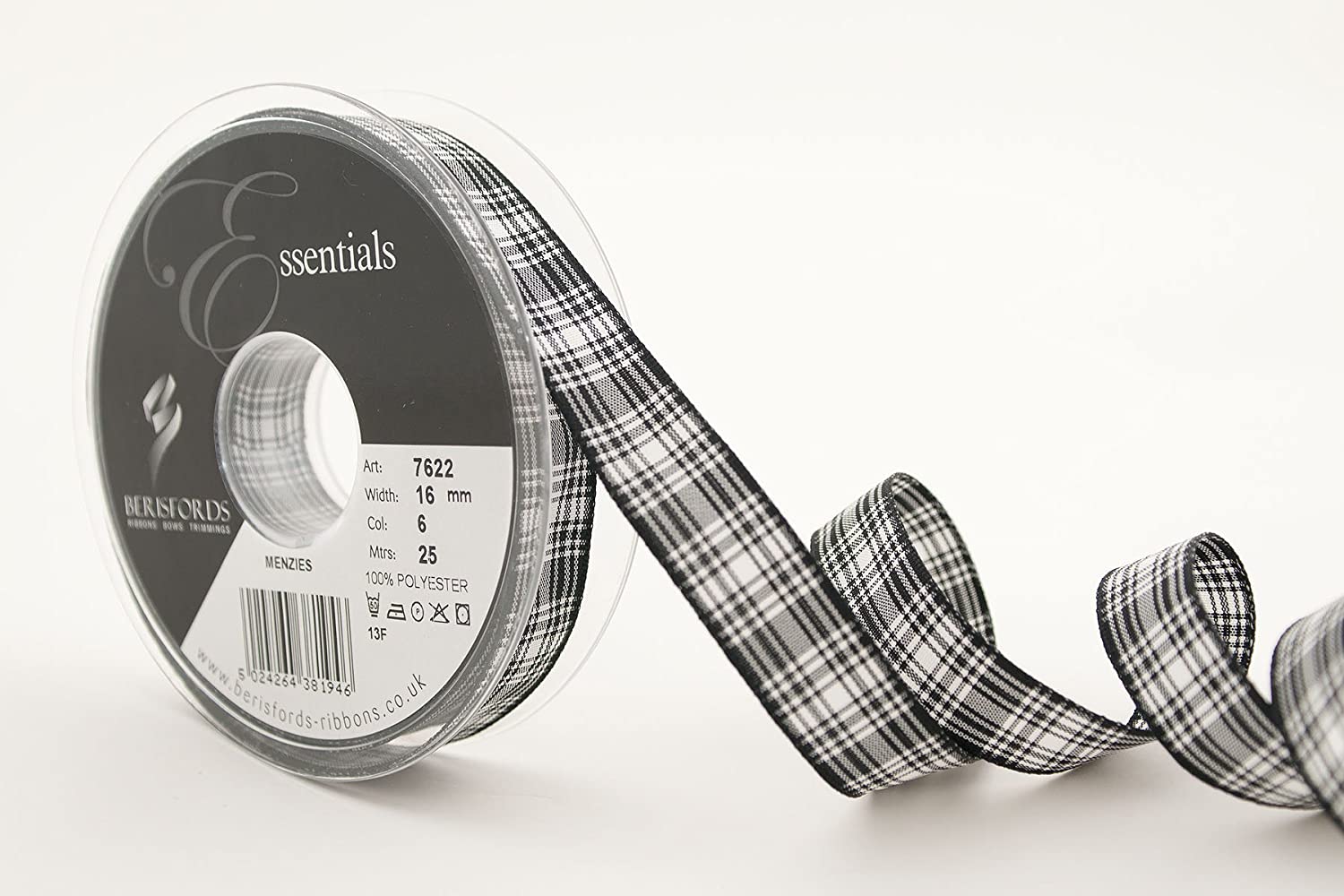Berisfords 7622 Traditional Menzies tartan ribbon, Black, 25 m x 16 mm