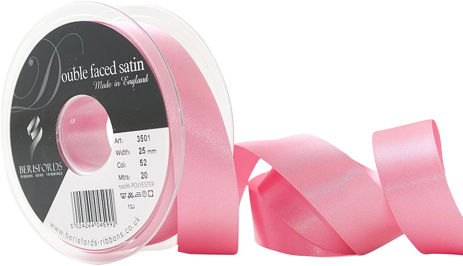 Berisfords Double Satin Ribbon, Hot Pink, 25 mm
