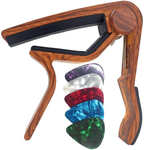 WINGO Wooden Guitar Capo Quick Change for 6-String Acoustic Electric Steel Guitars,Ukulele with 5 Picks-Rosewood Color