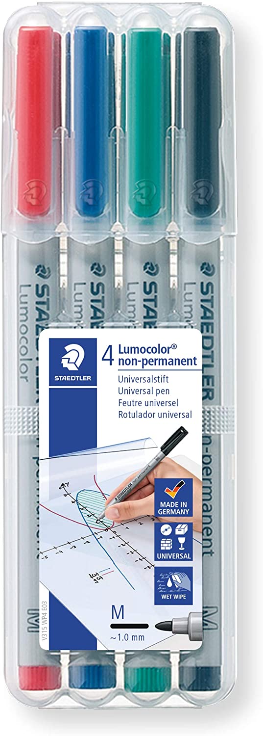 STAEDTLER 315 WP4 Lumocolor Non-Permanent Pen, Medium Line Width, 1.0mm - Assorted Colours (Pack of 4), 1 count (Pack of 4)