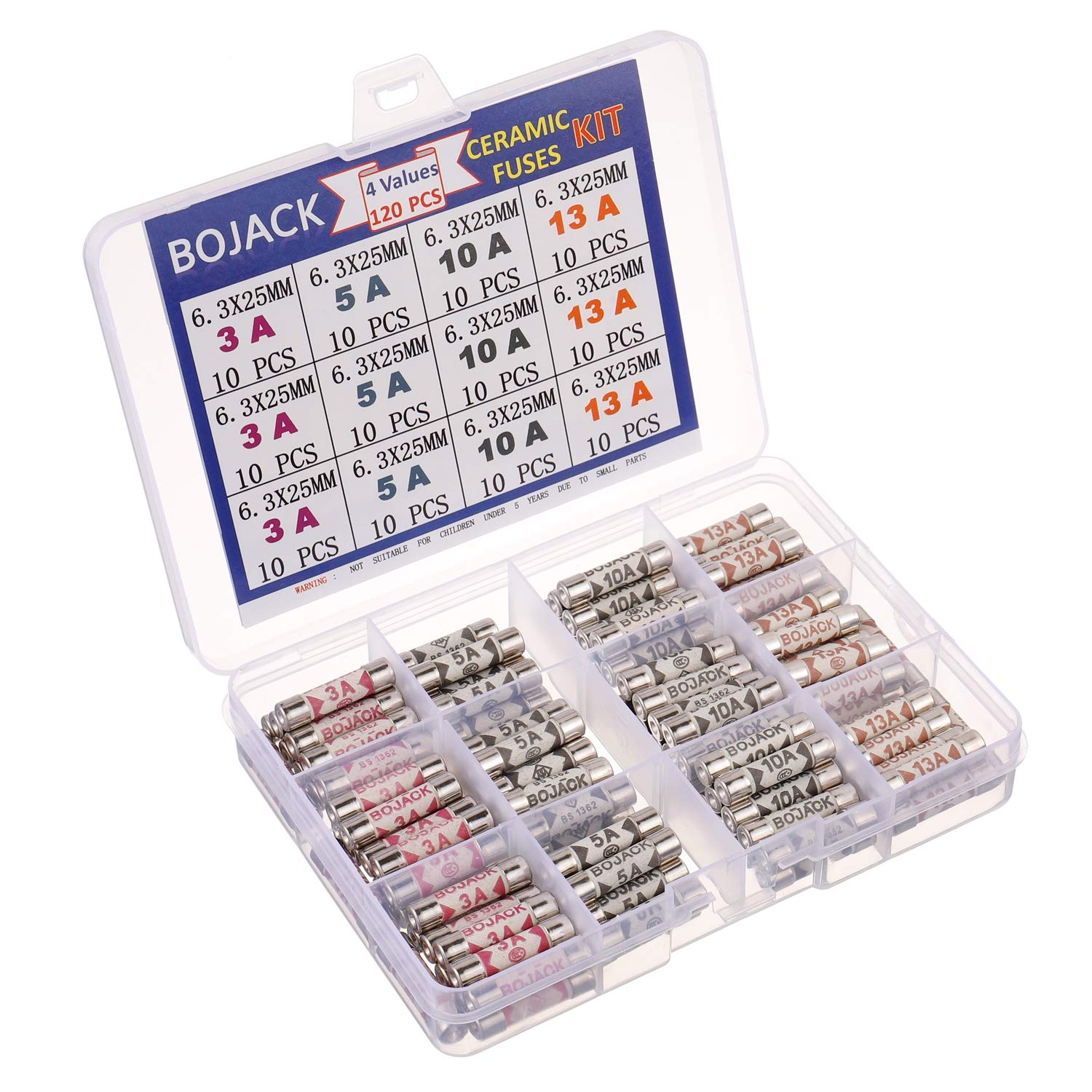 BOJACK 4 Values 120 pcs 3 5 10 13 A amp 240 V Volt Household Mains Plug Fuse 6.3x25 mm 0.25x1Inch BS1362 Ceramic Tube Cartridge Fuses Assortment Kit packag in a Clear Plastic Box - Image 2