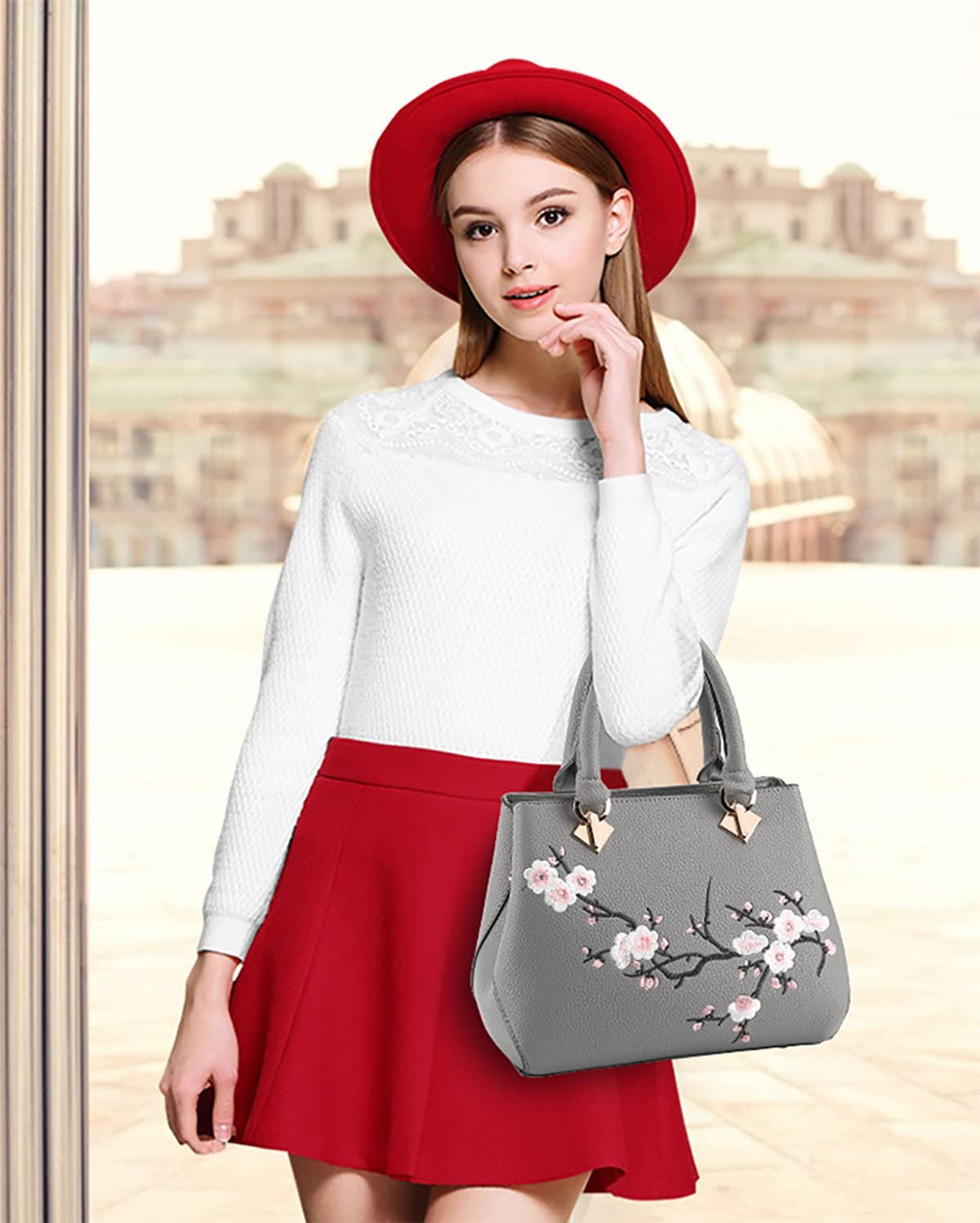 NICOLE&DORIS Woman Floral Pattern Crossbody Soft Tote Commuter PU Leather Handbag, Gray, M - Image 2
