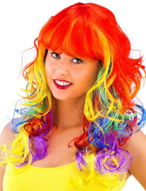 Folat 26708 Wig Long Hair with Fringe and Rainbow Curls, Multi Colors, One Size