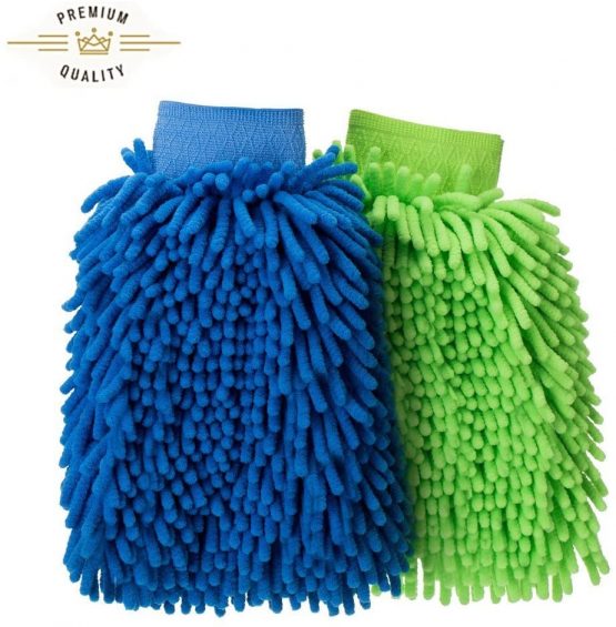FMS Microfibre Car Wash Mitts Cleaning Gloves Super Absorbent Ultra-Soft Scratch-Free Double-Side Finger Brush for House Car Polishing Drying Green+Blue Pack 2