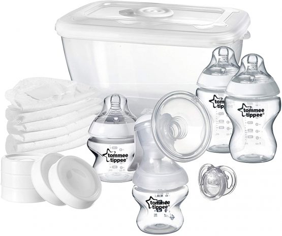 Tommee Tippee Breastfeeding Starter Kit, Manual Breast Pump, Microwave Steriliser Box, Baby Bottles and Breastfeeding Accessories