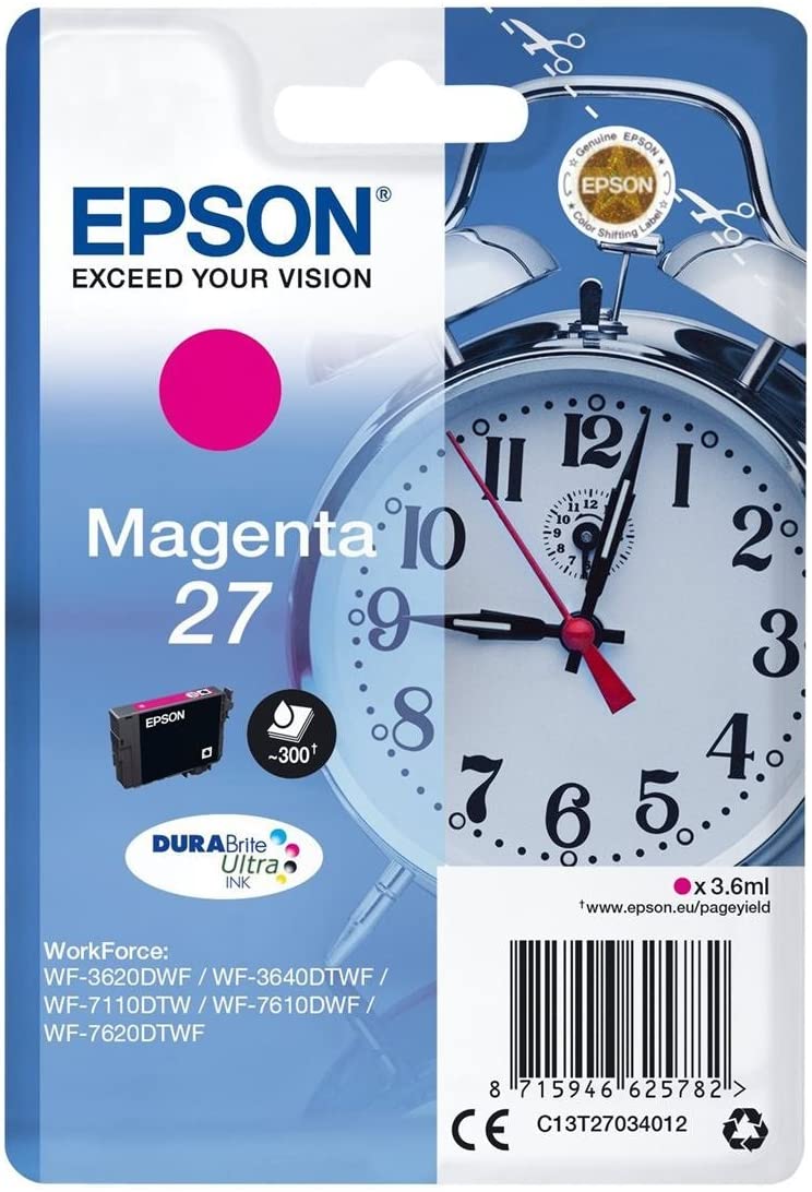 Epson 27 Magenta Alarm Clock Genuine, DuraBrite Ultra Ink Cartridge, IND Magenta, Standard Capacity