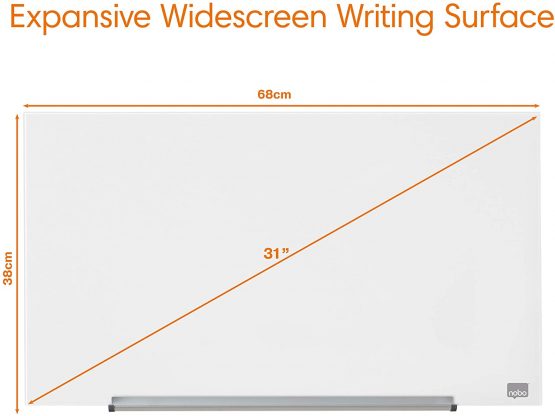 Nobo Glass Magnetic Whiteboard with Removable Pen Tray, 680 x 380 mm, InvisaMount Mounting System, Impression Pro, Brilliant White, 1905175 - Image 2