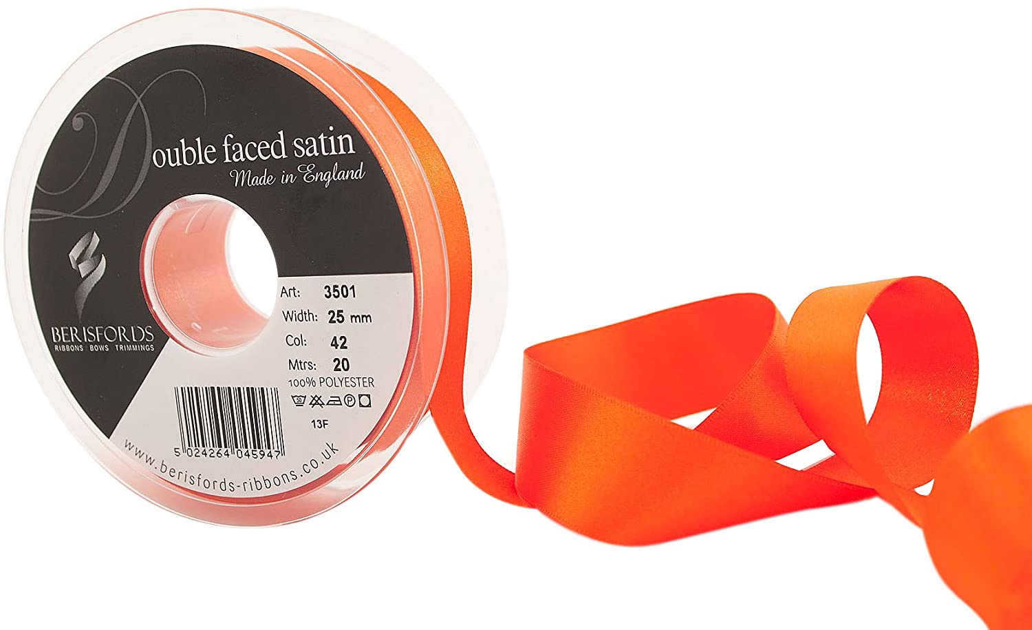 Berisfords Delight Double Satin Ribbon, Orange, 25 mm, Orange Delight