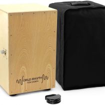 World Rhythm Natural Cajon Drum with Adjustable Snare and Foot Tambourine