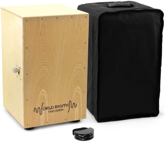 World Rhythm Natural Cajon Drum with Adjustable Snare and Foot Tambourine