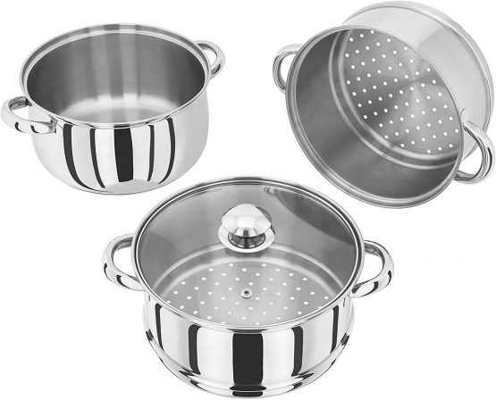 Judge Essentials HX04 Stainless Steel 3 Tier Steamer 22cm, Vented Glass Lid, Integral Casserole Pot, Oven Safe, Induction Ready, 10 Year Guarantee - Image 3