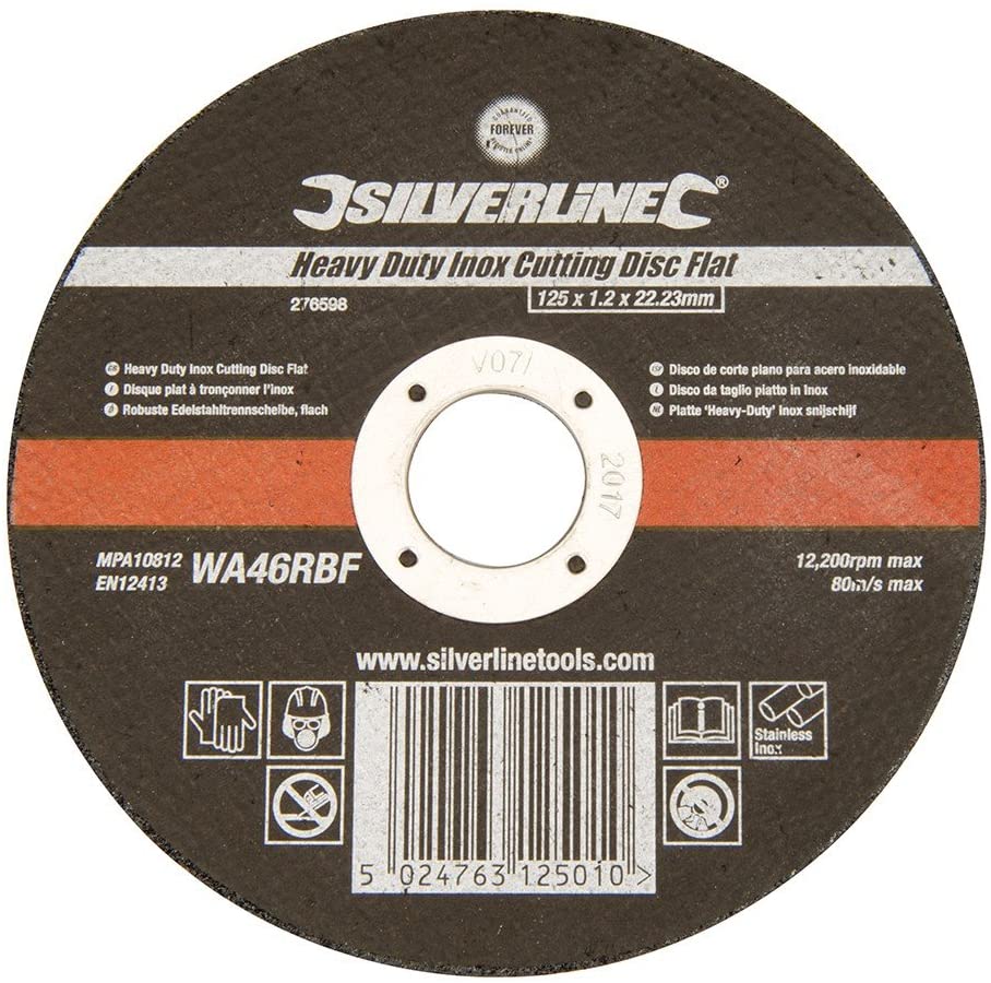 Silverline 276598 Heavy Duty Inox Cutting Disc Flat 125 x 1.2 x 22.23 mm,Black, 125 x 1.2 x 22.23mm
