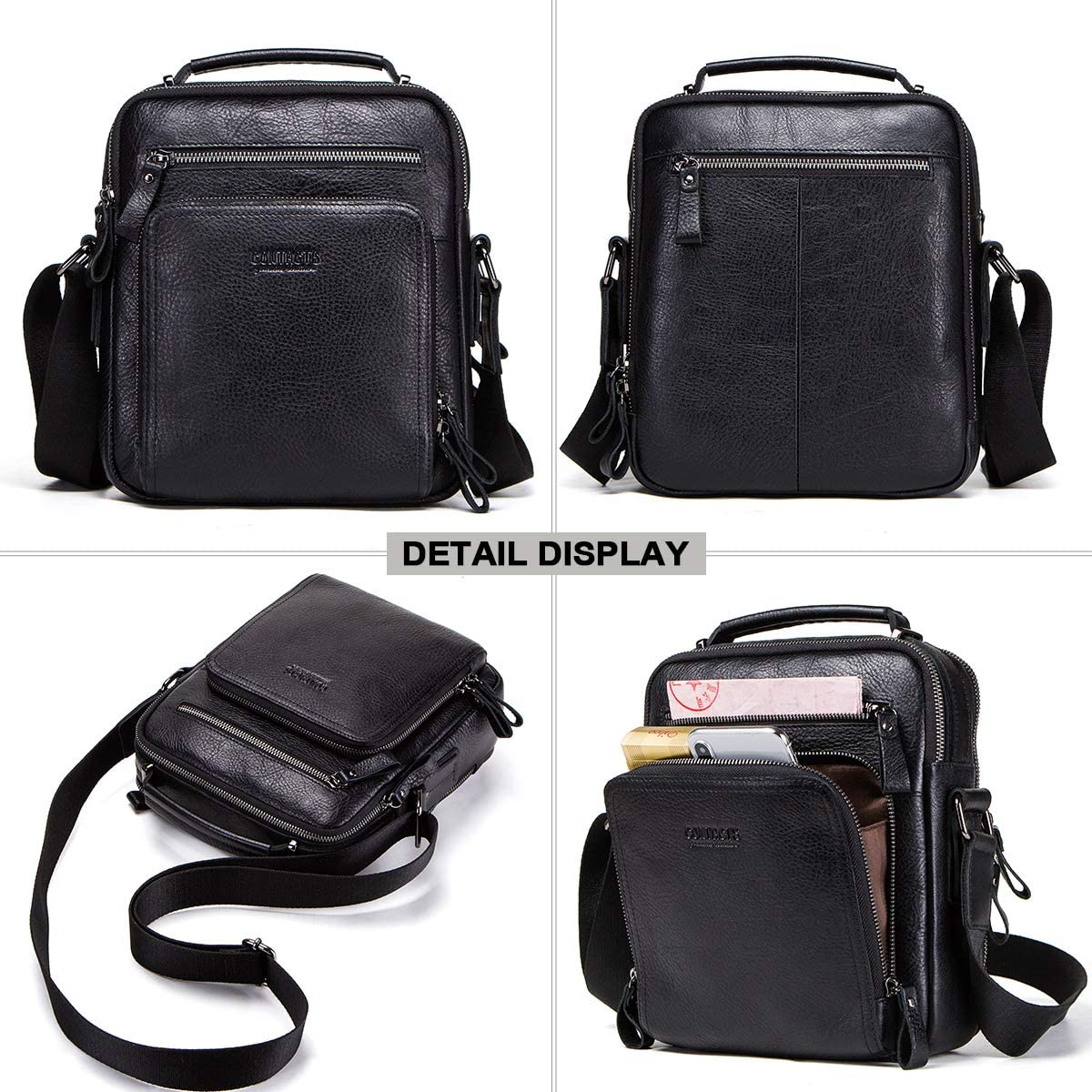 Shoulder Bag Mens Genuine Leather 7.9'' Mini Laptop Bag Tote Travel Small Crossbody Messenger Bag Multifunction Office Handbag(Black) - Image 4