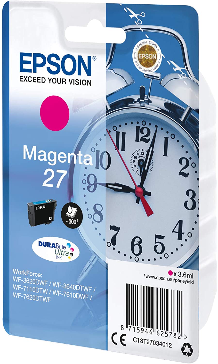 Epson 27 Magenta Alarm Clock Genuine, DuraBrite Ultra Ink Cartridge, IND Magenta, Standard Capacity - Image 2