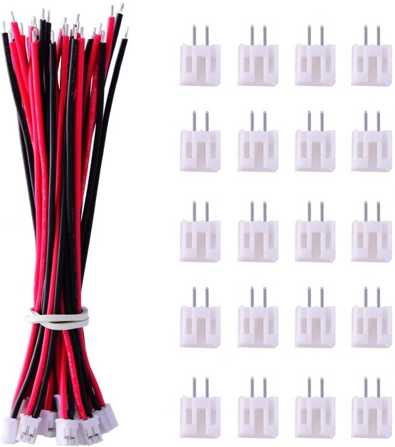 20 Pieces Micro JST PH 2.0 2-Pin Connector Plug Male and 20 Pieces 10 cm Red and Black Silicone Cable Wire with Female Connector